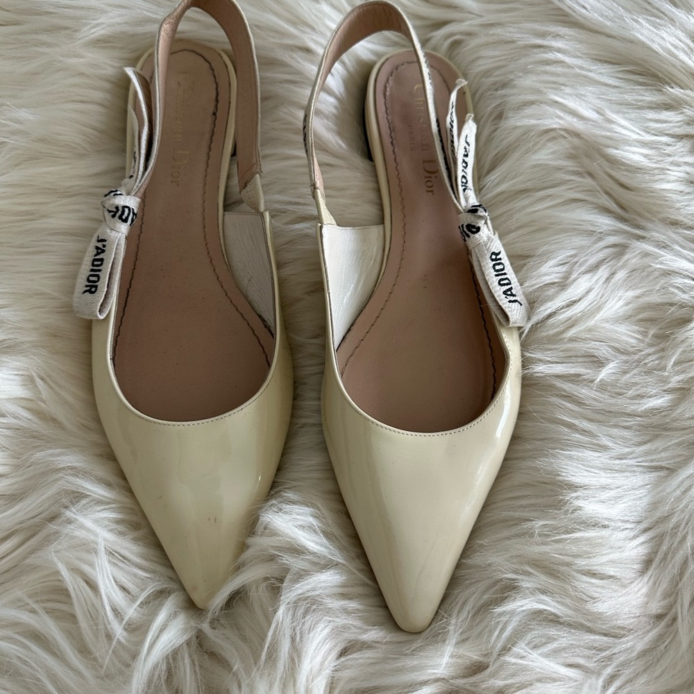 Dior Beige Slingback Flats with Logo Bow